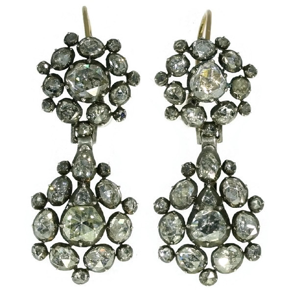 Long pendant Georgian earrings with high quality high domed rose cut diamonds